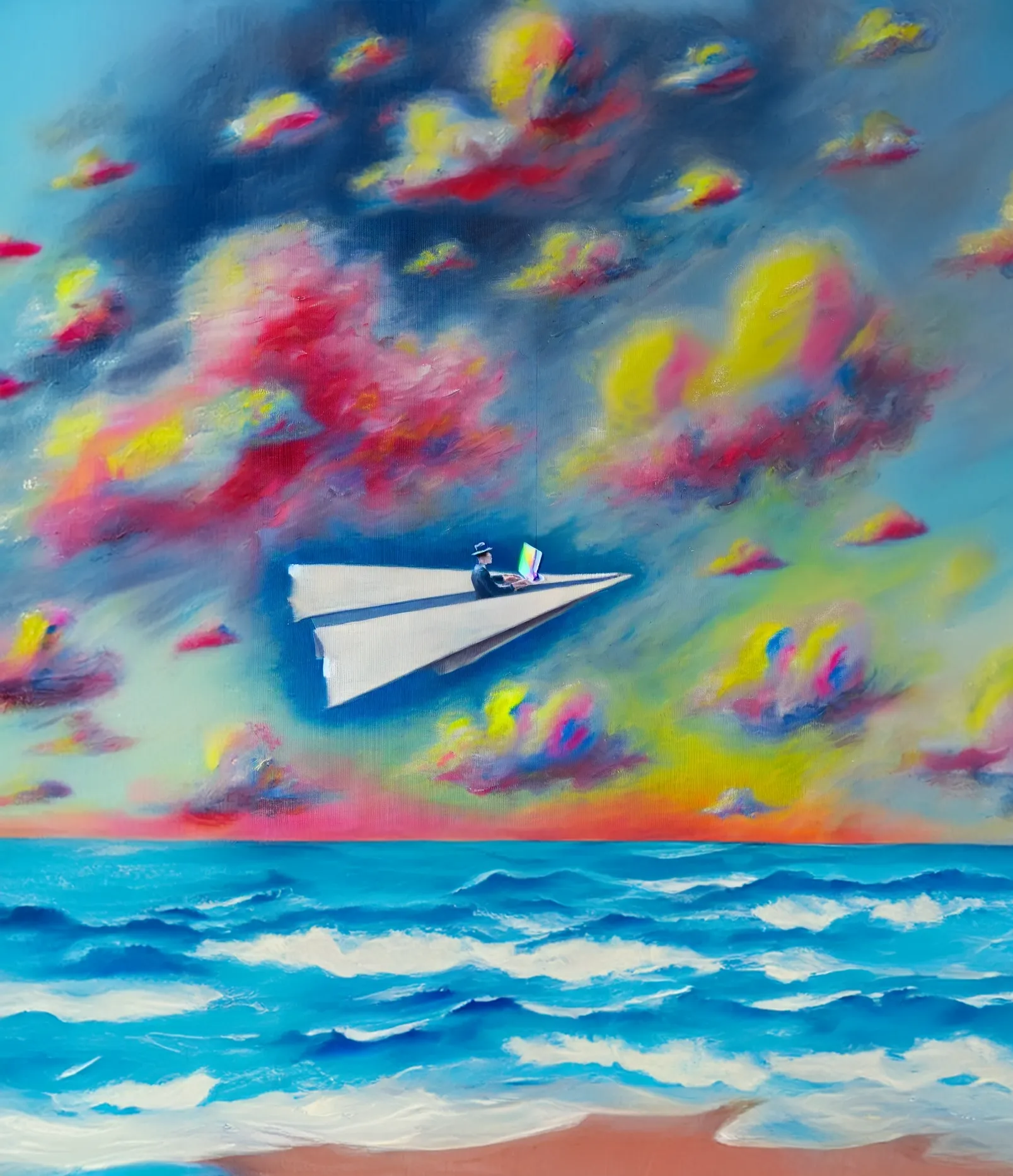 Paper airplane soaring through colorful clouds over ocean